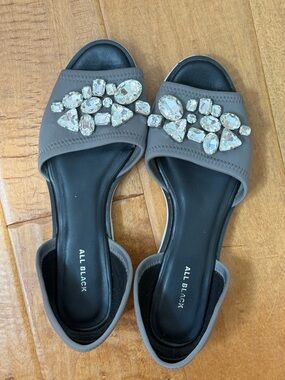 Anthropologie Gray Jeweled Gray Slide Mules
